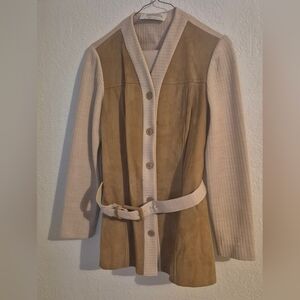 Vintage Susan Thomas 2 Pc Set Small Suede Jacket Pants Beige USA 70s 80s